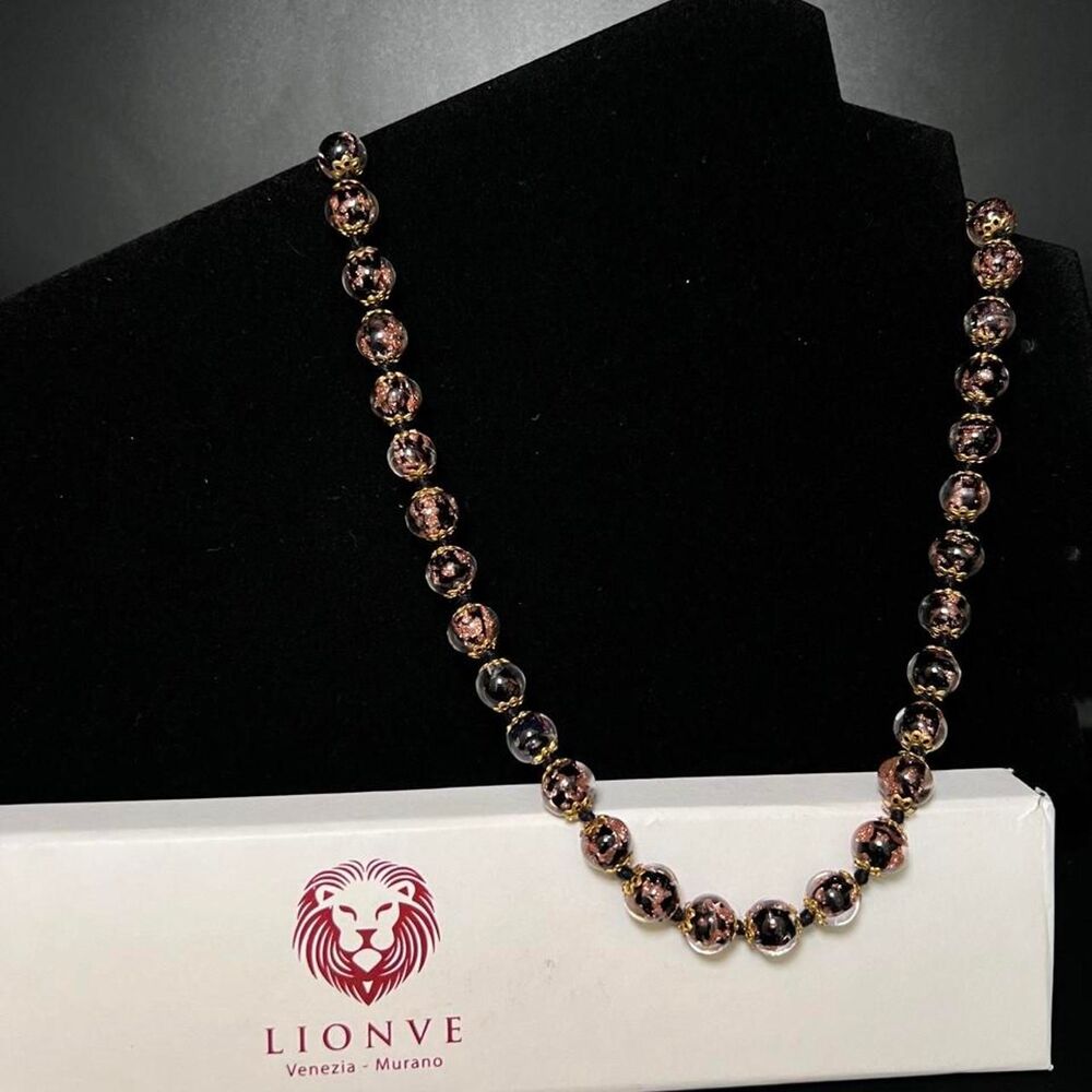 Murano Glass Beaded Necklace Black Copper Gold - Picture 5 of 6